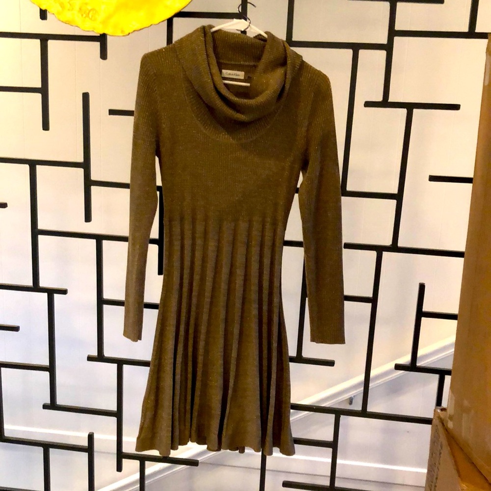 Calvin Klein Tan With Gold Sparkle Cowl Neck Long Sleeve Sweater Dress